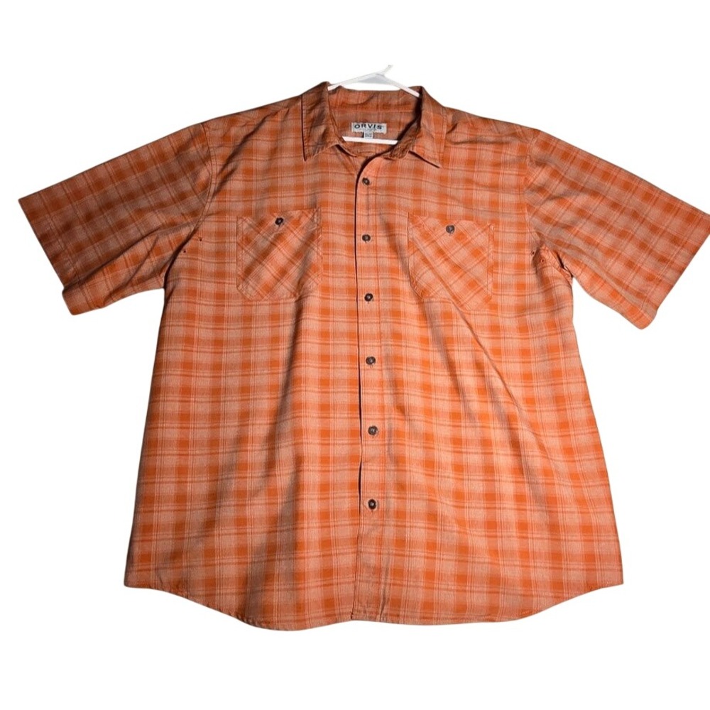 Orvis Mens XXL Orange Plaid Short Sleeve Button Down vented Shirt Polyester 1162